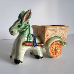 Vintage Ceramic Donkey + Cart Figurine Succulent Planter Earthy Tones Marked #4